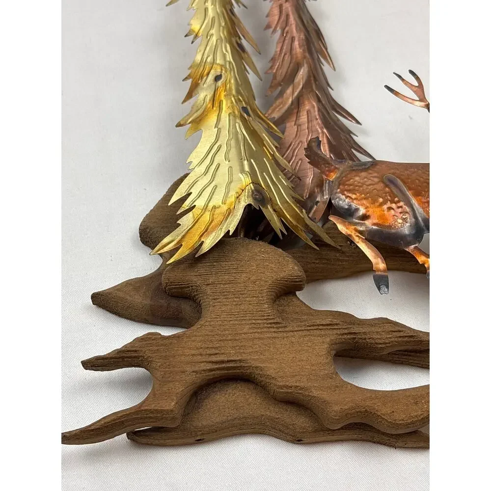 Vintage Copper Tin Metal Wall Art 3D Sculpture Buck Deer in Forest MCM Rustic